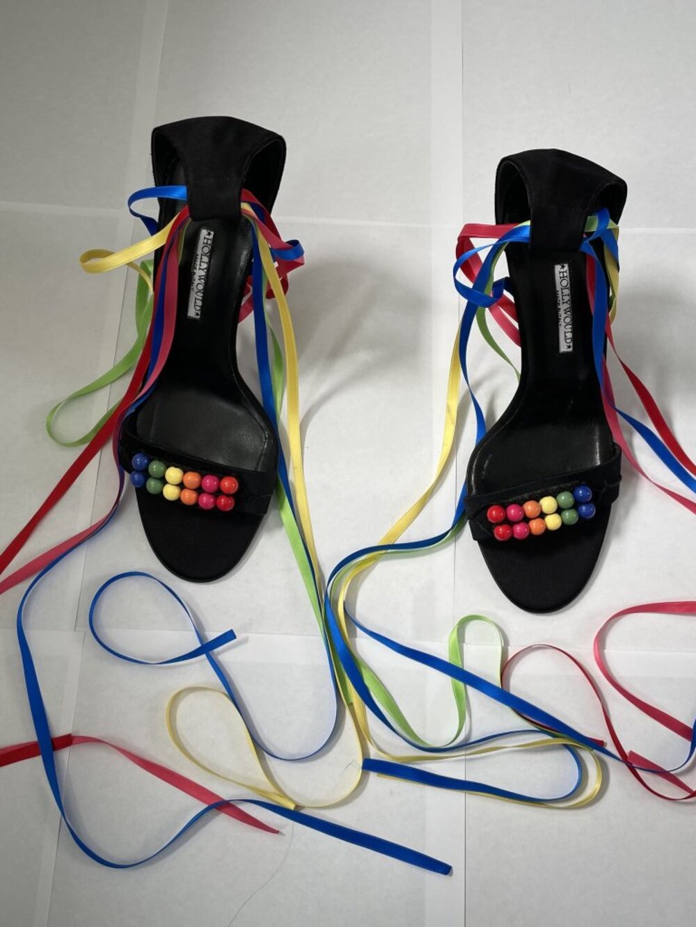 Hollywould Rainbow Ribbon Beaded Ankle Wrap Vintage Y2K Heels 8 Sandals Black - Picture 4 of 16